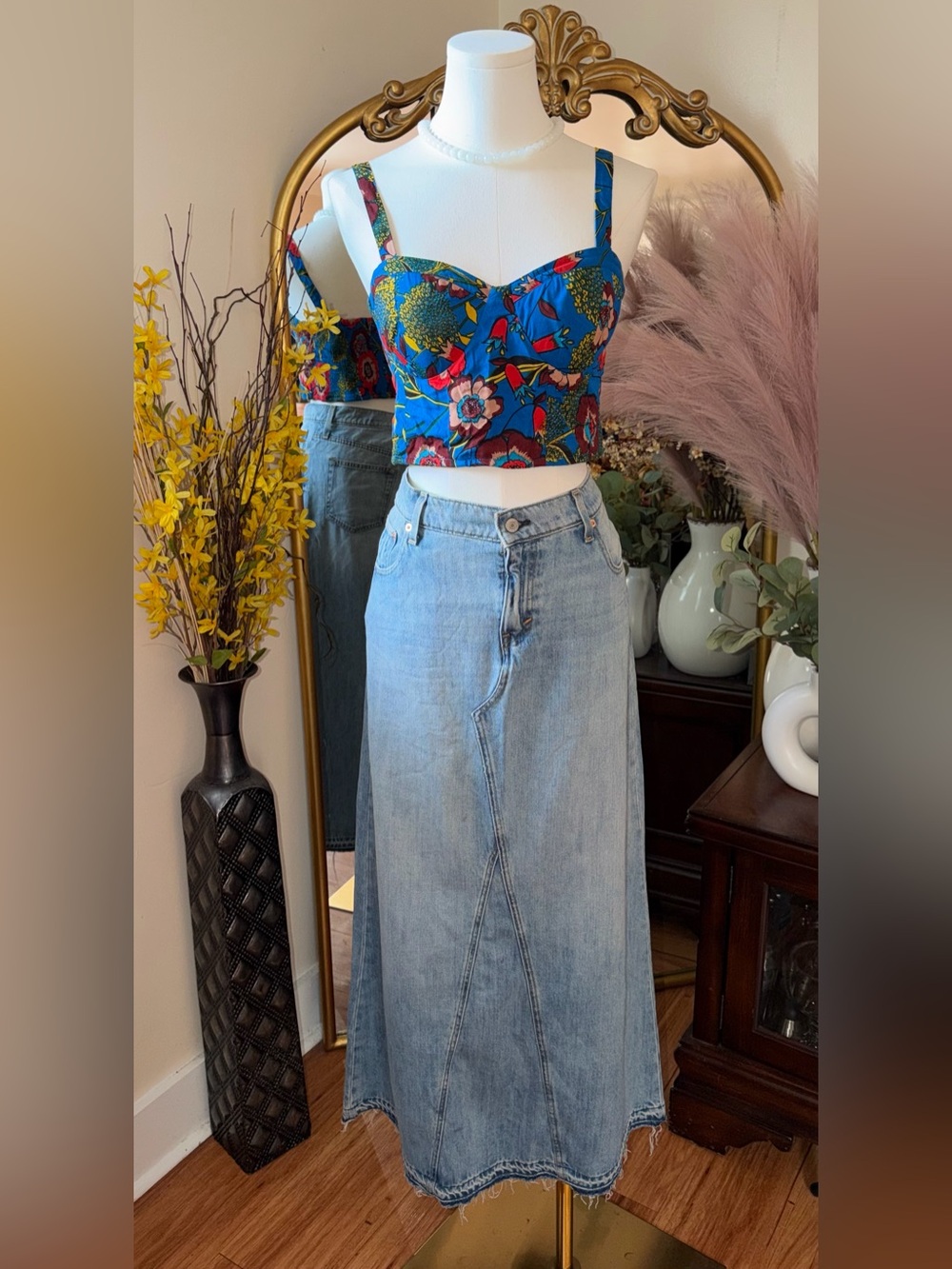 Blue Floral Crop Bustier Top with Light Wash Denim Maxi Skirt set- size 8/M